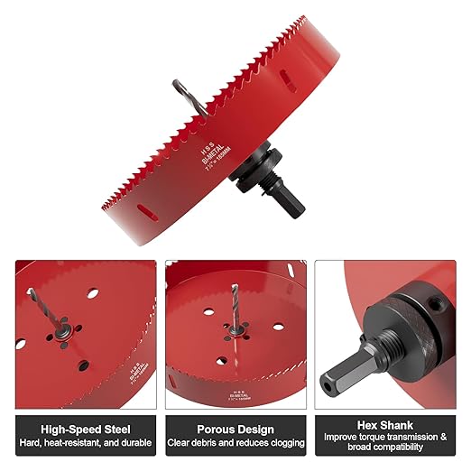7-1/4" (185mm) Bi-Metal M42 High Speed Steel Hole Saw with Pilot Drill Bit, Smooth Cutting Edge for PVC, Drywall, Wood, Plastic, Gypsum Board, Rubber, Thin Metal