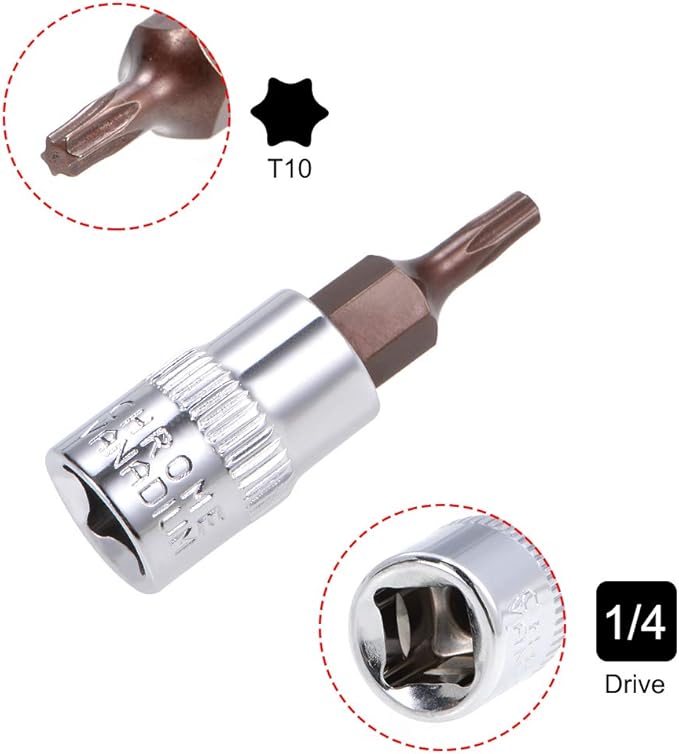 uxcell 3pcs 1/4" Drive x T10 Torx Bit Socket, S2 Steel Bits CR-V Sockets 38mm Length Use with Ratchet Wrench, Slide Bar, Extension Rod