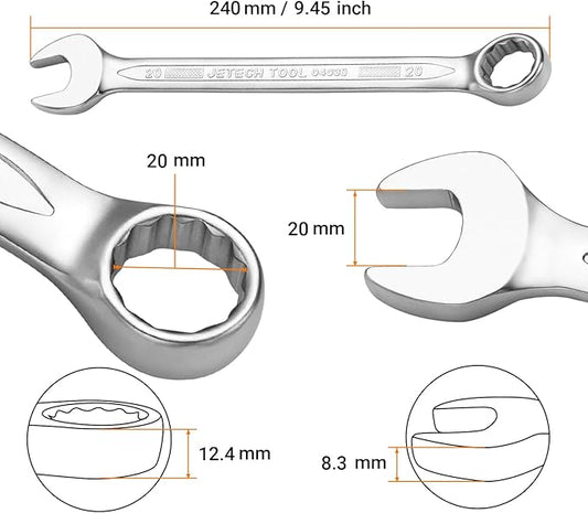 Jetech 20mm Combination Wrench - Industrial Grade, Chrome Vanadium Steel, Sand Blasted Finish, 12-Point Design, 15-Degree Offset, Forged, Heat-Treated, Metric