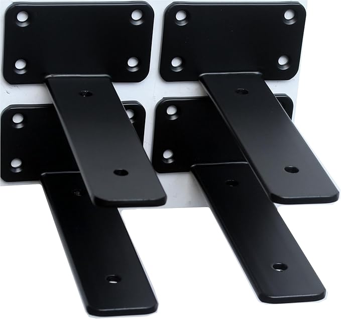 2 Pack - 6 inch Black Hidden L Shelf Bracket (1/5 Inch Thicked) Iron Floating Shelf Brackets Rustic Industrial Metal Brackets for Shelf Support