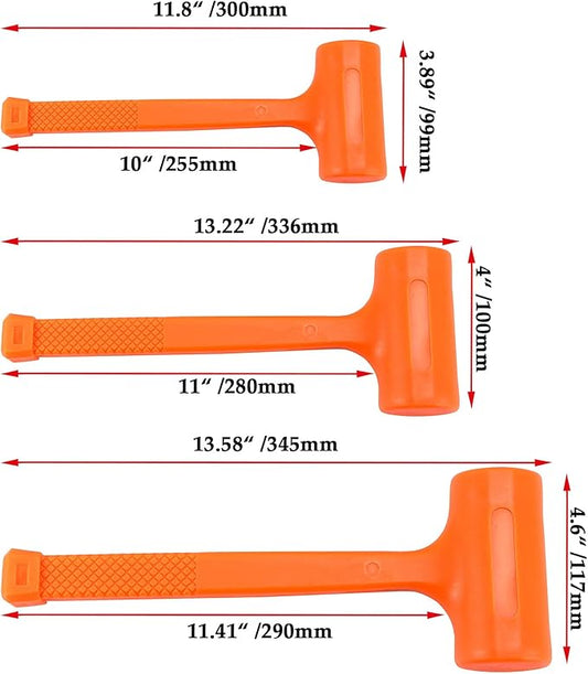 JAPCHET 3Piece Dead Blow Hammer Set, 1lb/16oz, 2lb/32oz, 3lb/48oz Dead Blow Hammer Unibody Molded, Unicast Deadblow Mallet with Checkered Grip