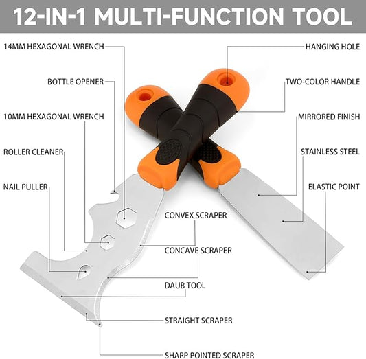 WEGAZ-2 Pack, 12-In-1 Paint Scraper Tool竊똌ulti-Use Painters Tool, 1.5 Inch Stainless Steel Putty Knife Scraper竊똏aint Scraper for Painting & Wood竊똓azor Blade Scraper