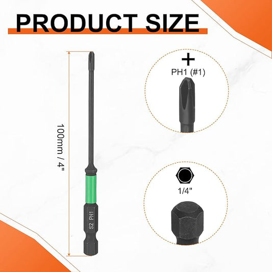 HARFINGTON 5pcs #1 Impact Phillips Screwdriver Bit PH1 1/4" Hex Shank 4" (100mm) Length 0.1" Rod Magnetic Cross Head Drill Bits S2 Steel Industrial Screw Drivers for Impact Power Tools