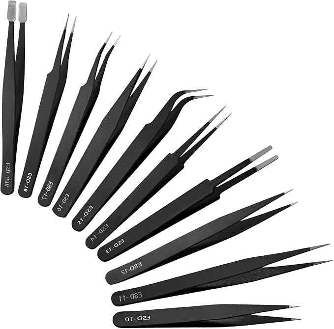 10 PCS Precision ESD Tweezers Set - Anti-Static Stainless Steel Tools Kit for Electronics, Jewelry Repair, Soldering, and Crafting Projects
