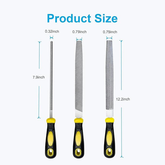 3Pcs Metal File Set, 8-Inch Professional High Carbon Steel Metal File, Includes Flat, Round, Half-Round Metal Files, Durable Hand Files Work for Metal Wood Smoothing Shaping Deburring