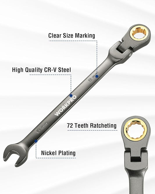 WORKPRO 8 mm Flex-Head Ratcheting Combination Wrench, Cr-V Constructed, Nickel Plating, 72-Teeth, 12 Point Design, Metric