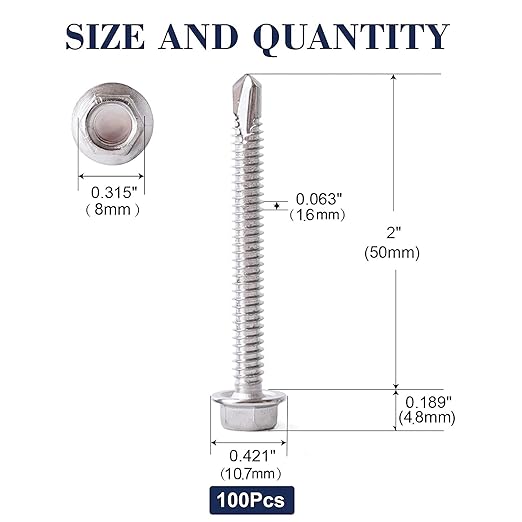 #10 x 2 Sheet Metal Screws 100PCS 410 Stainless Steel Hex Washer Head Fast Self Tapping Screws by SG TZH