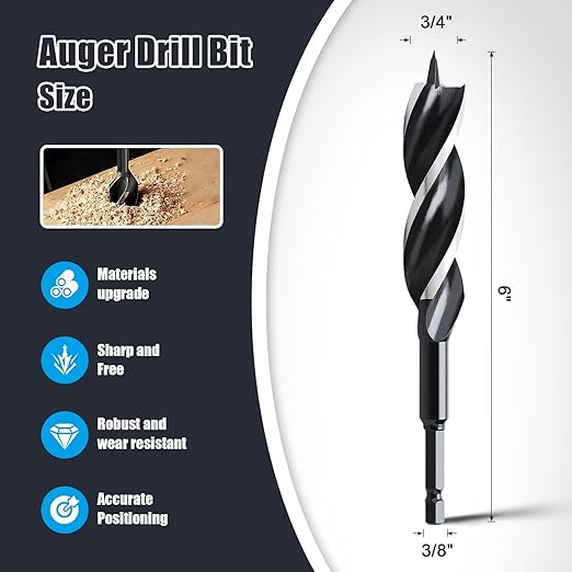 2PCS 3/4" x 6" Auger Drill Bit for Wood, Hex Shank Tri Flute Ship Auger Long Drill Bit for Soft and Hard Wood,Tree Stump,Plastic,Drywall and Composite Materials