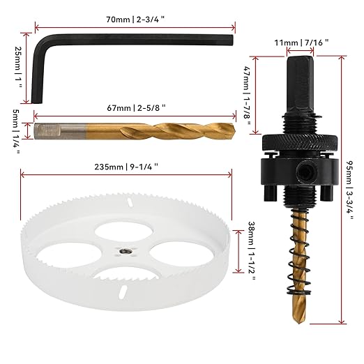 Mollom (235mm | 9-1/4") HSS M42 with 8% Cobalt BI-Metal Hole Saw with 2 Pilot Drill Bits & Arbor Smooth Cutting for PVC,Drywall,Wood,Plastic,Gypsum Board,Rubber