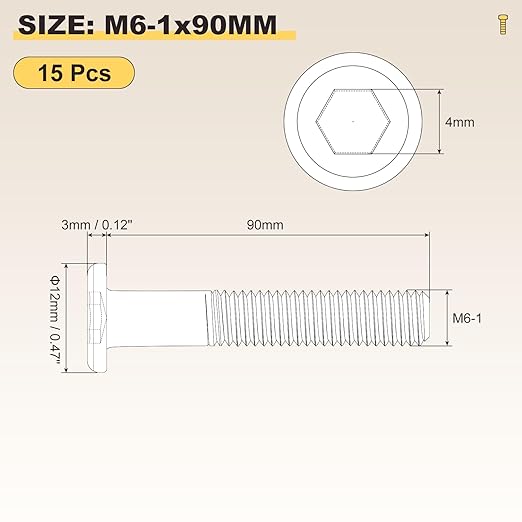 METALLIXITY Flat Head Hex Socket Cap Screws Bolts(M6-1x90) 15Pcs, Steel Hex Socket Furniture Bolts Screws - for Furniture Woodworking Project, Yellow