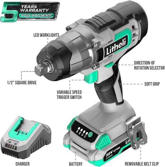 LiTHELi Impact Wrench Cordless, 1/2 inch Power Impact Wrenches Max Torque 320 ft-lbs(430N.m), 20V Impact Gun Kit with 2.0Ah Li-ion Battery & Fast Charger, Electric Impact Gun for Car Tiers
