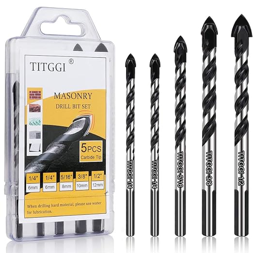 TITGGI Concrete Drill Bit & Masonry Drill Bit Set, Professional Drill Bit Set (5PCS) for Glass/Brick/Plastic/Cement/Wood/Tile/Etc, Industrial Strength Carbide Drill Bit Tip, 1/4"-1/2" by TITGGI
