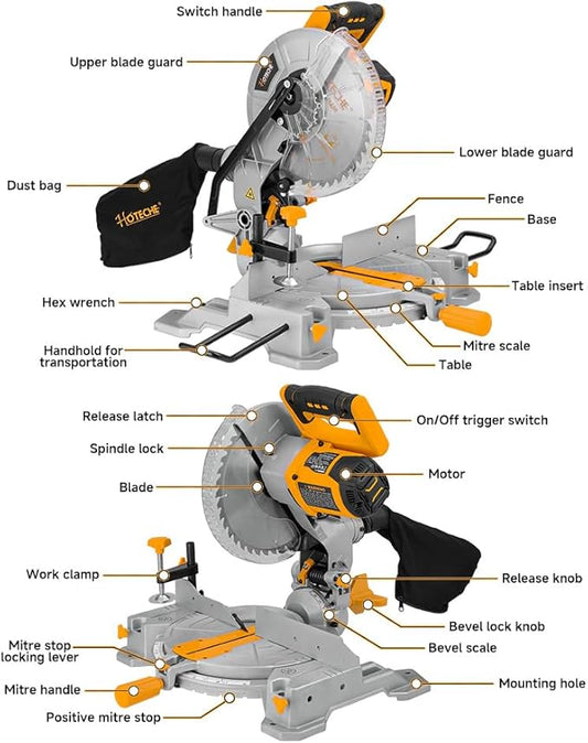 Hoteche 10-Inch Miter Saw 15-Amp Compound Single Bevel Chop Saw with Laser and Blade for Wood and Metal Working
