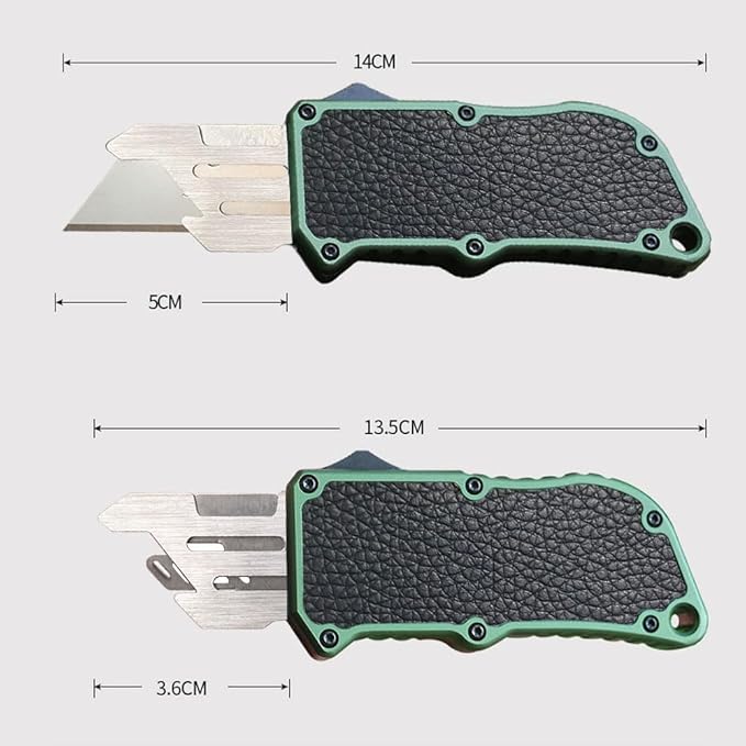 Aviation Aluminum Box Cutter Pocket Knife, EDC Auto Utility Knife Retractable, Replaceable Razor Blade Double Action Automatic Boxcutters With Clip, With 5pcs Spare Blades (Green-leahter)