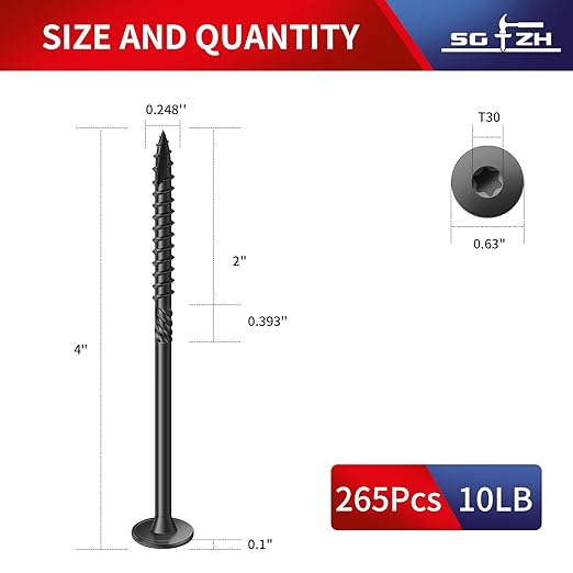 #14 x 4 Inch Outdoor Structural Wood Deck Screws (265Pcs/10lb), Carbon Steel, Black, Flat Head, Rust Resistant Epoxy Coated, T30 Star Bit