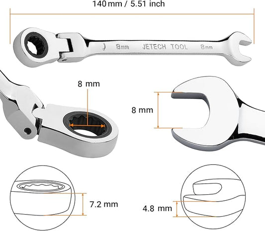 Jetech 8mm Flexible Head Ratchet Wrench, Industrial Grade Cr-V Steel, 12 Point, Off Corner Design, 72 Tooth Ratchet, 180 Degree Flexible Box End