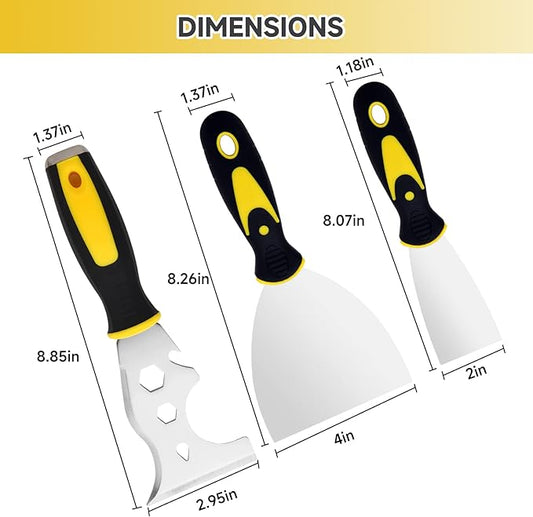3Pcs Putty Knife, 2" 4" Spackle Knife Set Stainless Steel 15-in-1 Painters Scraper Wallpaper Scraper Tool for Repairing Drywall, Removing Wallpaper, Applying Putty, Plaster, Cement, Adhesive