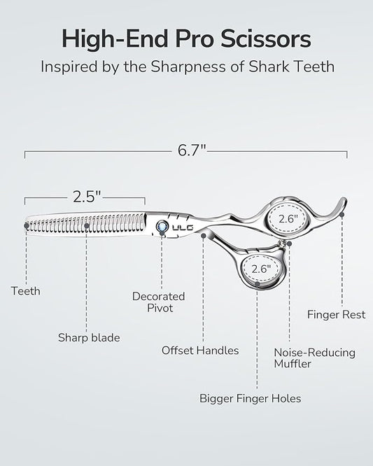 ULG Hair Thinning Scissors 6.7??Shark Series 100% Japanese Stainless Steel, Offset Handle, 30 Deer-Tooth Thinner 35% Hair Removal, Professional Barber Layering Shears for Salon & Home Hair Styling