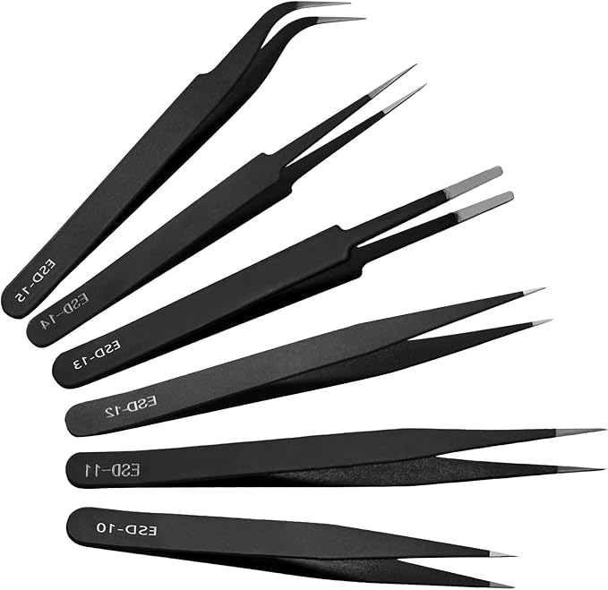 6 PCS Precision ESD Tweezers Set - Anti-Static Stainless Steel Tools Kit for Electronics, Jewelry Repair, Soldering, and Crafting Projects