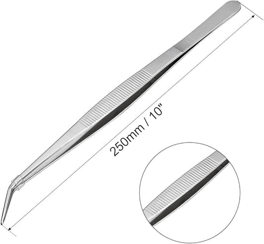 uxcell 10-Inch Stainless Steel Tweezers with Curved Pointed Serrated Tip