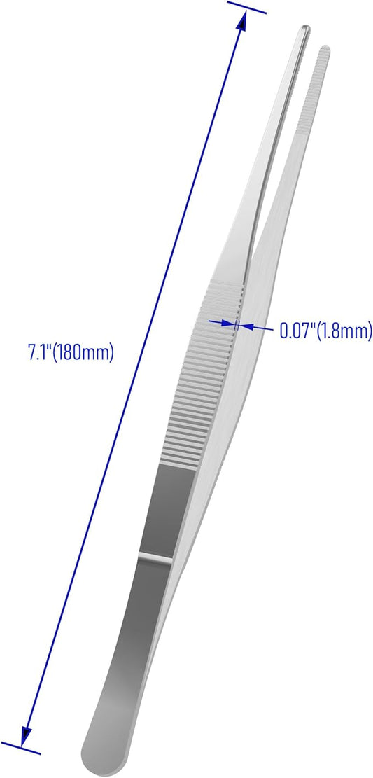 5 PCS 7.1 Inch Stainless Steel Tweezers, with Straight Round Blunt Serrated Tip, 0.07 Inch Thickness Stainless Steel, Multipurpose Daily Garden Home Lab Craft Repairing Tool