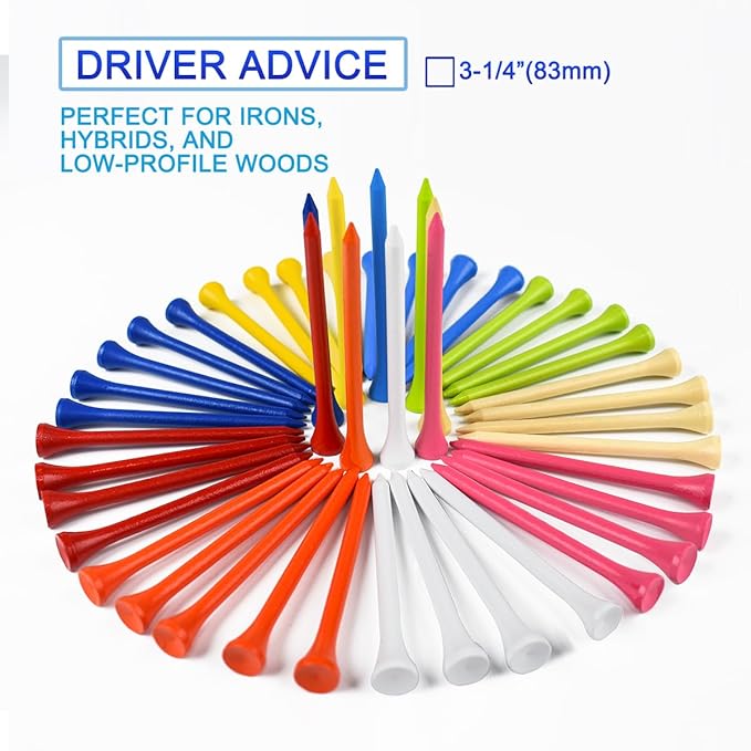 Golf Tees Professional Durable Natrual Wooden Golf Tees 3-1/4" -Pack of 120 Bulk, Multiple Colors Mix of Colours,Biodegradable Wood Golf Tees,Reduce Friction Side Spin More Stable 3-1/4 inch
