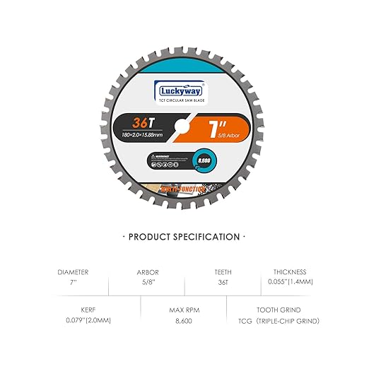 Luckyway 7 Inch Circular Saw Blade 36T with 5/8 Inch Arbor General Purpose Carbide Saw Blade for Cutting Wood, Aluminum and Non-Ferrous Metals