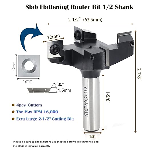 CNC Spoilboard Surfacing Router Bit 1/2 Shank, Exra Large 2-1/2" Cutting Dia 4-Wing, Insert Slab Flattening Router Bit, Wood Planer Planing Bit for Flycutter/ Slab Leveler/ Rabbeting by SICWOOD