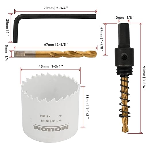 Mollom (45mm | 1-3/4") HSS M42 with 8% Cobalt BI-Metal Hole Saw with 2 Pilot Drill Bits & Arbor Smooth Cutting for PVC,Drywall,Wood,Plastic,Gypsum Board,Rubber