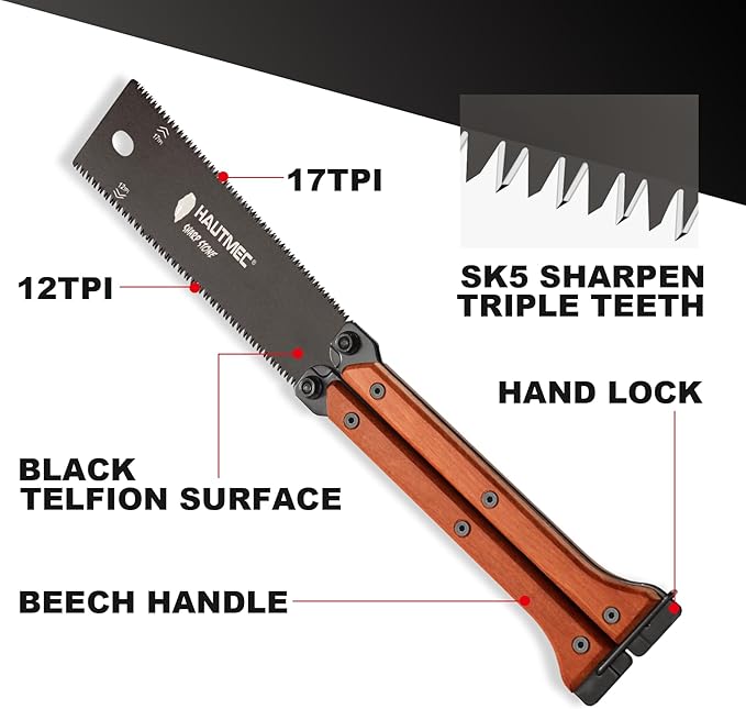 HAUTMEC Folding Japanese Pull Saw, 6-Inch Double-Edged Hand Saw with SK5 Blade (12/17 TPI), Beech Wood Handle & Storage Pouch – Compact Flush Cut Handsaw for Woodworking & Precision Cuts – HT0446