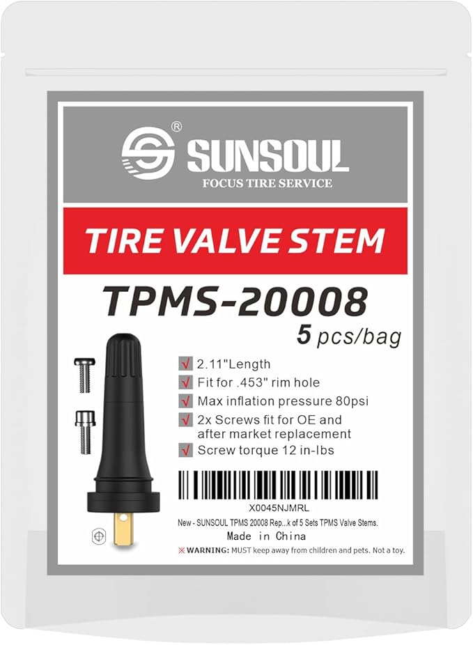 SUNSOUL TPMS 20008 Replacement Tire Pressure Sensor Rubber Valve Stems for 0.453 inch 11.5mm Rim Holes on Standard Vehicle Tires, Pack of 5 Sets TPMS Valve Stems
