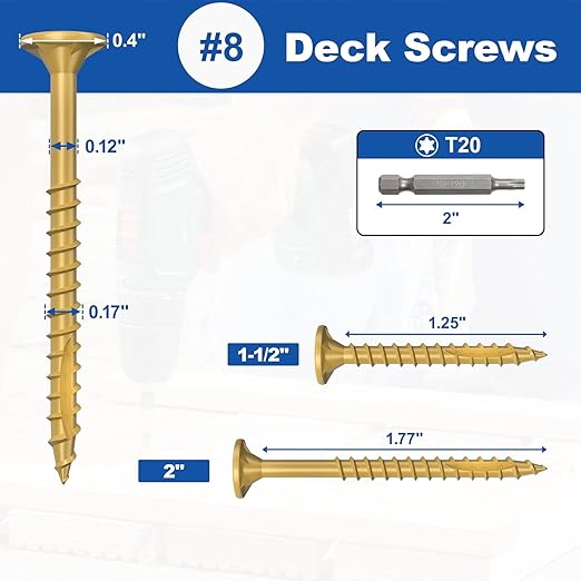 #8 x 1-1/2” Deck Screws, 500Pcs Star Drive Wood Screws, Rust Resistant Timber Screws for Timber/Log/Landscaping Wood, T20 Star Bit Included, Yellow