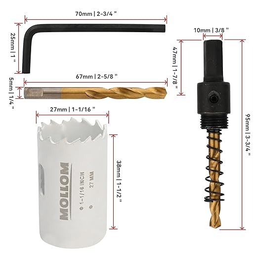 Mollom (27mm | 1-1/16") HSS M42 with 8% Cobalt BI-Metal Hole Saw with 2 Pilot Drill Bits & Arbor Smooth Cutting for PVC,Drywall,Wood,Plastic,Gypsum Board,Rubber