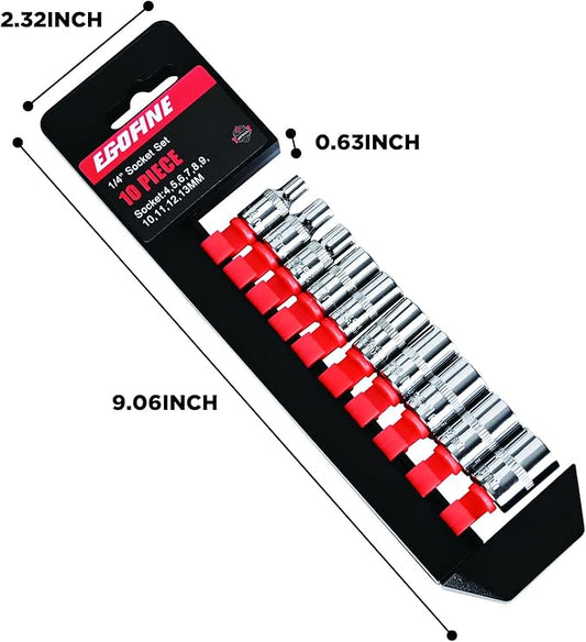 Egofine 10PCS 1/4??Drive Standard Socket Set,Shallow Socket Set,Metric竊?-13mm,6 Point Socket With Hanging Bracket,Cr-V Steel