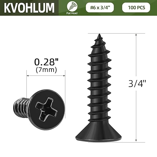 100 PCS #6 x 3/4" Black Sheet Metal Screws, Flat Head Phillips Fast Self Tapping Screws, Countersunk Head Wood Screws, Carbon Steel, Screwdriver Bit Included
