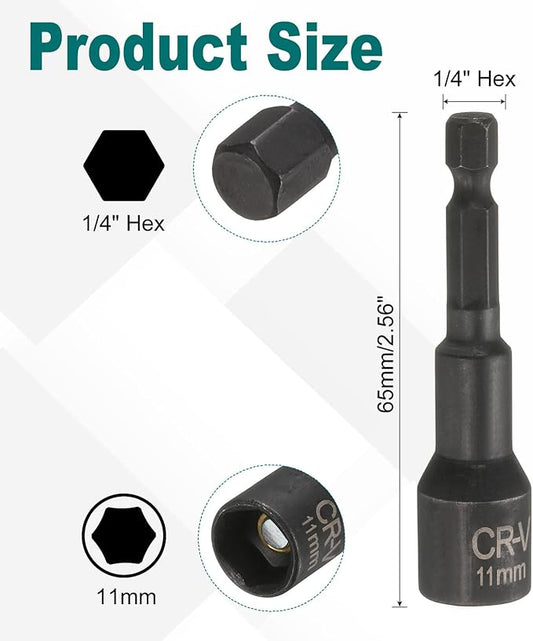 uxcell 2Pcs 1/4" Hex Shank 11mm Magnetic Hex Socket 65mm Length, CR-V Steel Quick-Release Impact Driver Socket Wrench Screw for Impact Drill Power Nut Setter