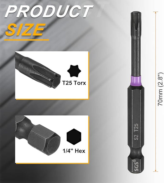 HARFINGTON 5pcs T25 Torx Head Impact Screwdriver Bits 1/4" Hex Shank 2.8" (70mm) Long Magnetic No Hole Tamper Proof 6 Point Star Screw Driver Drill Bits Phosphate S2 Steel Power Tools