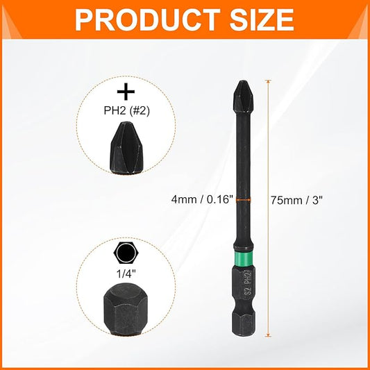 HARFINGTON 3pcs #2 Impact Phillips Screwdriver Bit PH2 1/4" Hex Shank 3" (75mm) Long 0.16" Rod Magnetic Cross Head Drill Bits S2 Steel Industrial Screw Driver for Impact Power Drivers