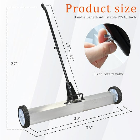 Rolling Magnetic Sweeper, 36 Inches Heavy Duty Magnetic Nail Sweeper with Wheels, Adjustable Handle and Clean Height for Different Scenarios