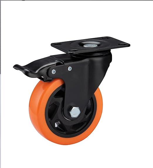 4" Caster Wheels, Casters Set of 8 Heavy Duty - Orange Polyurethane Castors, Top Plate Swivel Wheels, 8 Pack Industrial Casters with Brake, Locking Caster for Furniture and Workbench
