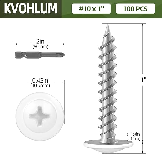 #10 x 1 (100 PCS) Modified Truss Head Wood Screws, Phillips Drive Quick Metal Self Tapping Screws, White Head, Full Thread, Screwdriver Bit Included