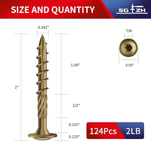 #14 x 2 Inch Lag Screws (124Pcs) 2lb. Structural Wood Screw, Bronze, Carbon Steel, Washer Head, Rust Resistant epoxy Coated, T30 Star Bit
