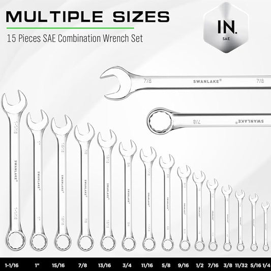 SWANLAKE GARDEN TOOLS 15-Piece SAE Wrench Set, V Notch Premium Combination Wrenchs Set, SAE 1/4" to 1", Max Torque, 12-Point, Chrome Vanadium Steel, with Storage Rack