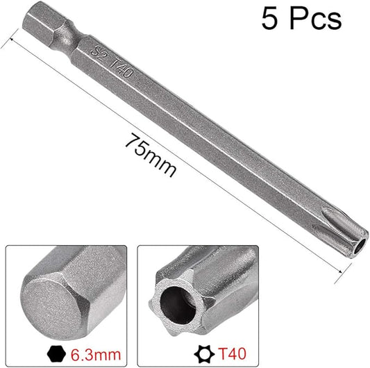 uxcell 5 Pcs T40 Magnetic Torx Screwdriver Bits, 1/4 Inch Hex Shank 3-inch Length S2 Security Tamper Proof Screw Driver Kit Tools