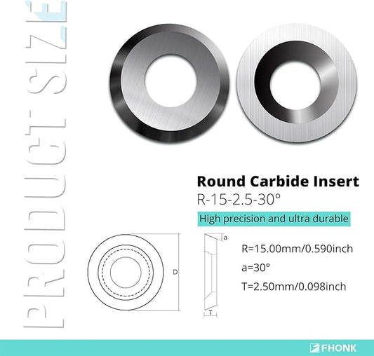 15mm Round Carbide Inserts Blades for Woodworking, Tungsten Carbide Cutters Knives for Woodturning, Wood Finisher Hollower Lathe Tools, 10 pcs (R-?15x2.5-30째)