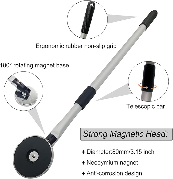 Telescoping Magnetic Sweeper Pickup Tool, Retractable 27" to 43" with Super Strong Magnet, Screws Parts Finder with 64LB Pull Capacity for Pick up Nails, Screws, and Metal Parts