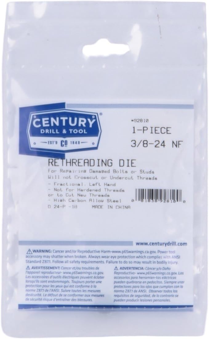 Century Drill & Tool, 92810, 3/8-24NF, Left Hand Rethreading Die, Tool Set, Fractional Thread Repair