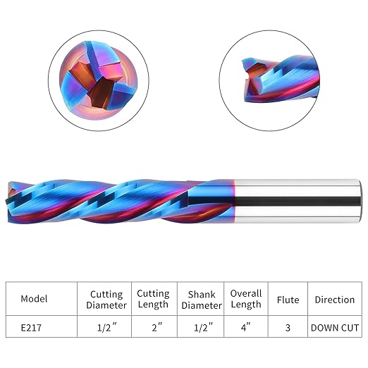 Downcut Spiral Router Bit Extra Long (4 inch) with 1/2 Inch Shank, 1/2 Inch Cutting Diameter Solid Carbide CNC End Mill Bits for Wood Carving, Plunge Cut (3-Flute)
