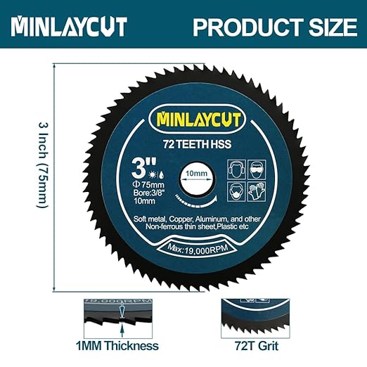 HSS Mini Saw Blade 3inch - MINLAYCUT 72T 10mm Bore Cutting Discs 5pcs 75mm for Wood, Copper, Aluminum, Plastic and Soft Metal