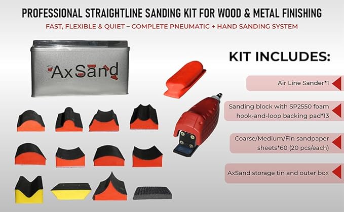 Straight Line Air Sander +13 contoured sanding blocks + 60 Sandpaper sheets Only 520 g for less fatigue. For woodworking, furniture & metal prep. 1-year warranty.